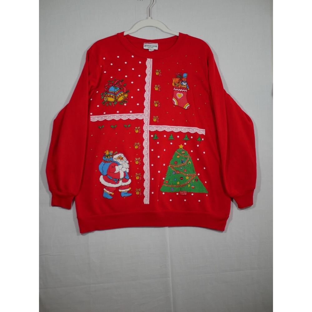 VTG Jenna Lane Ugly Christmas Sweatshirt Red Glitter Santa Stocking Tree Bells